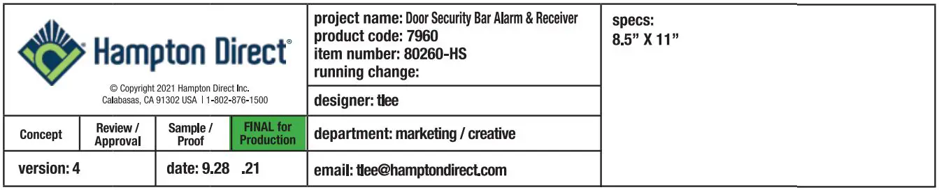 Hampton Direct 600606-80260 Door Security Bar Alarm and Receiver Instructions - Address