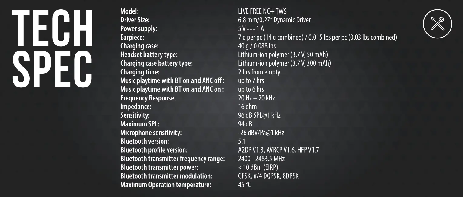 JBL LIVE FREE NC TWS Tech Spec