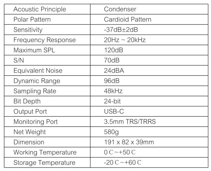 COMICA STA-U1 Cardioid Condenser USB Microphone - Specifications