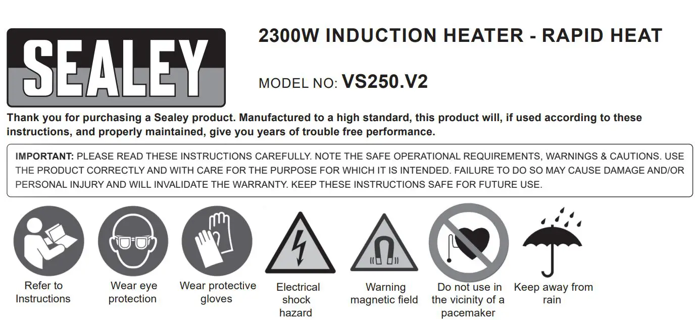 SEALEY VS250.V2 2300W Induction Heater Rapid Heat Instruction Manual