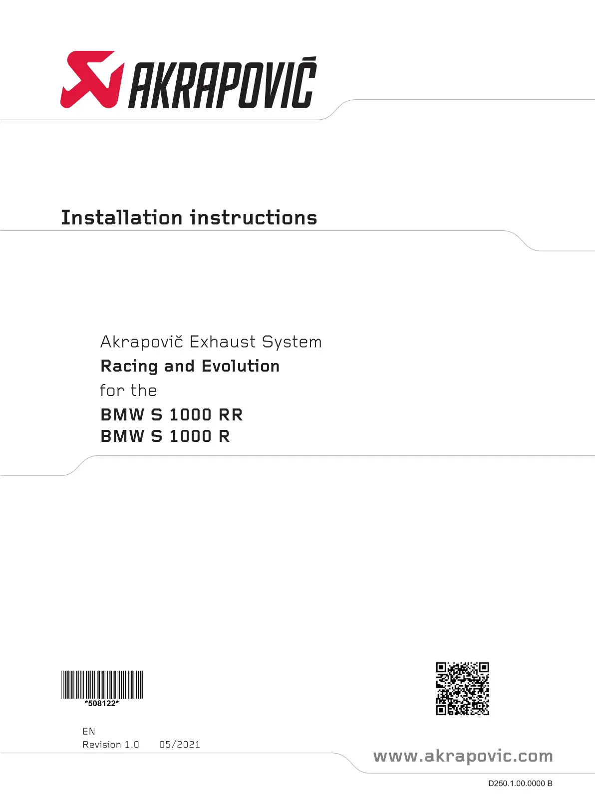 AkRAPOVIC Racing and Evolution Exhaust System for BMW S1000 R,RR Instruction Manual