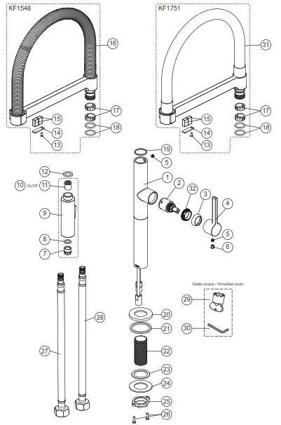 Kalia KF1548 Single Handle Kitchen Faucet Pull - Service Parts Diagram