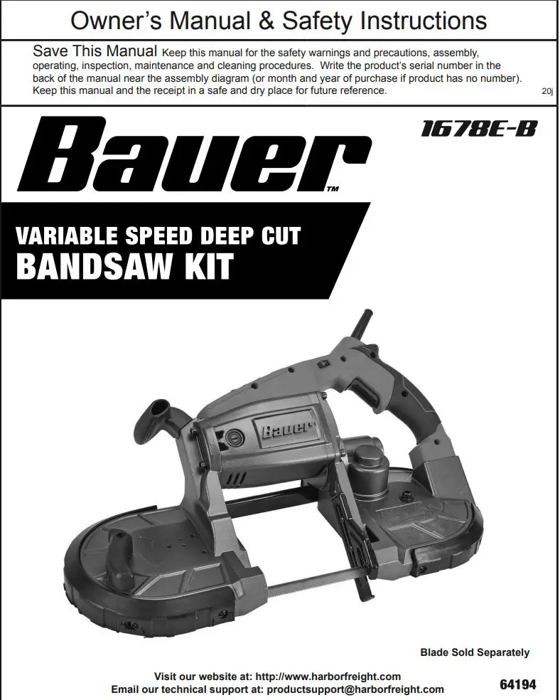 HARBOR FREIGHT 1678E-B Variable Speed Deep Cut Bandsaw Kit Owner's Manual