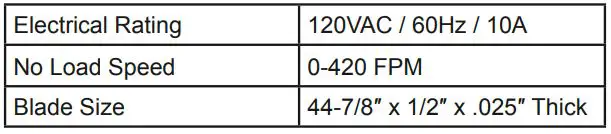 HARBOR FREIGHT 1678E-B Variable Speed Deep Cut Bandsaw Kit Owner's Manual - Specifications