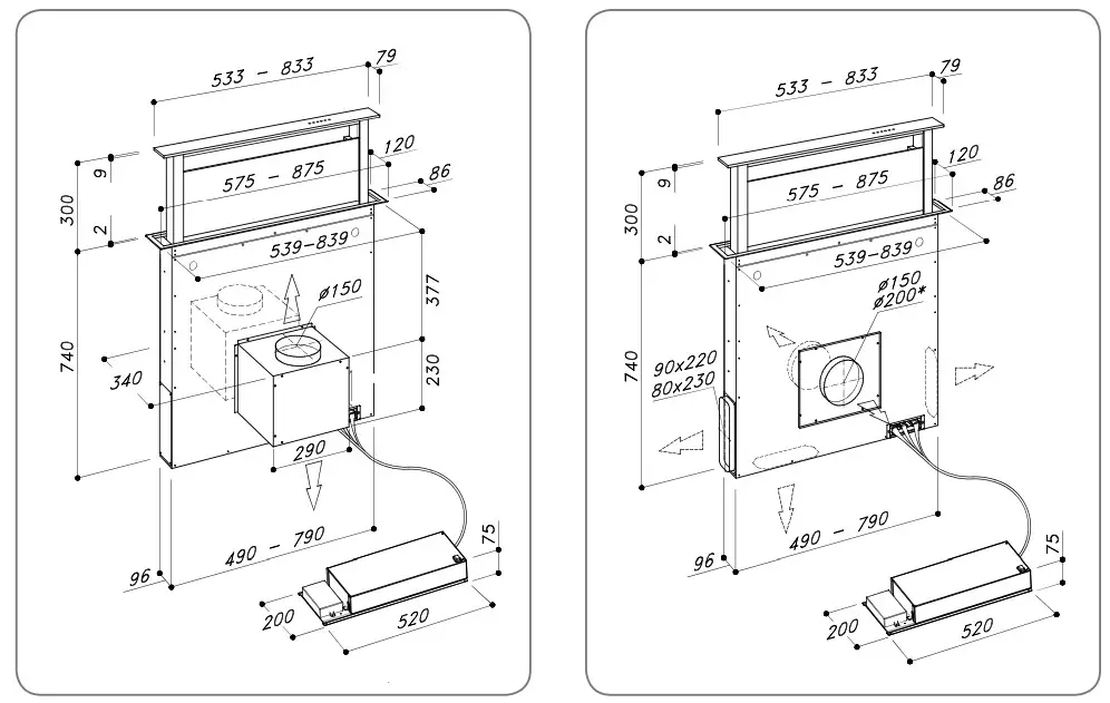caple DD606BK Downdraft Hood - DIMENSIONS