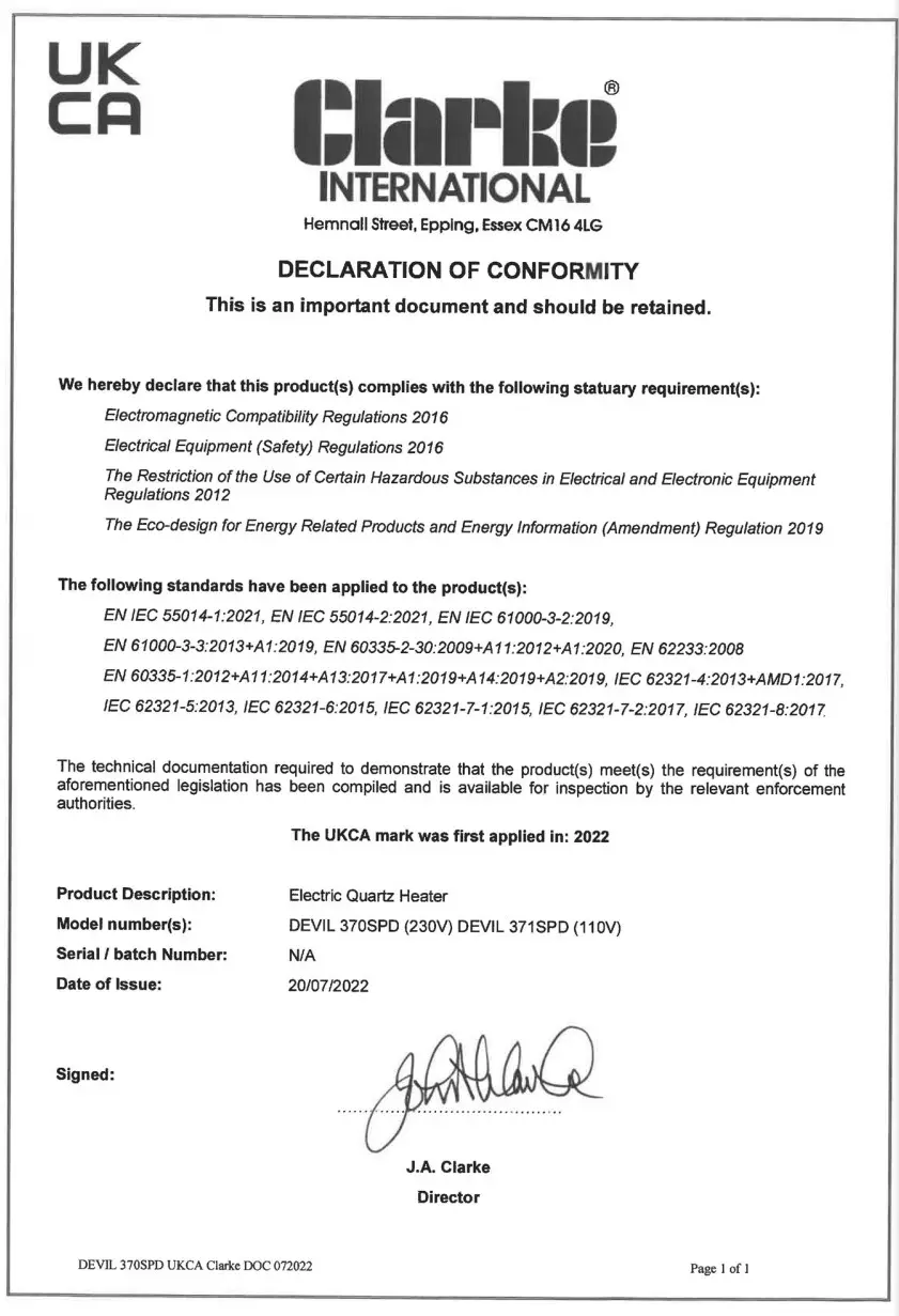 Clarke DEVIL 370SPD Quartz Halogen Heater - Fig 13