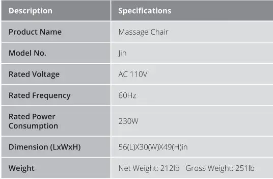 Inner Balance Wellness Jin Massage Chair - Product Specifications