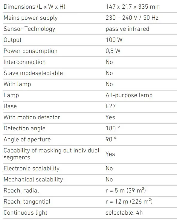 steinel L 190 S Sensor Switched Outdoor Light User Manual - Technical specifications