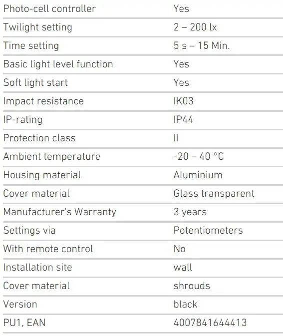 steinel L 190 S Sensor Switched Outdoor Light User Manual - Technical specifications