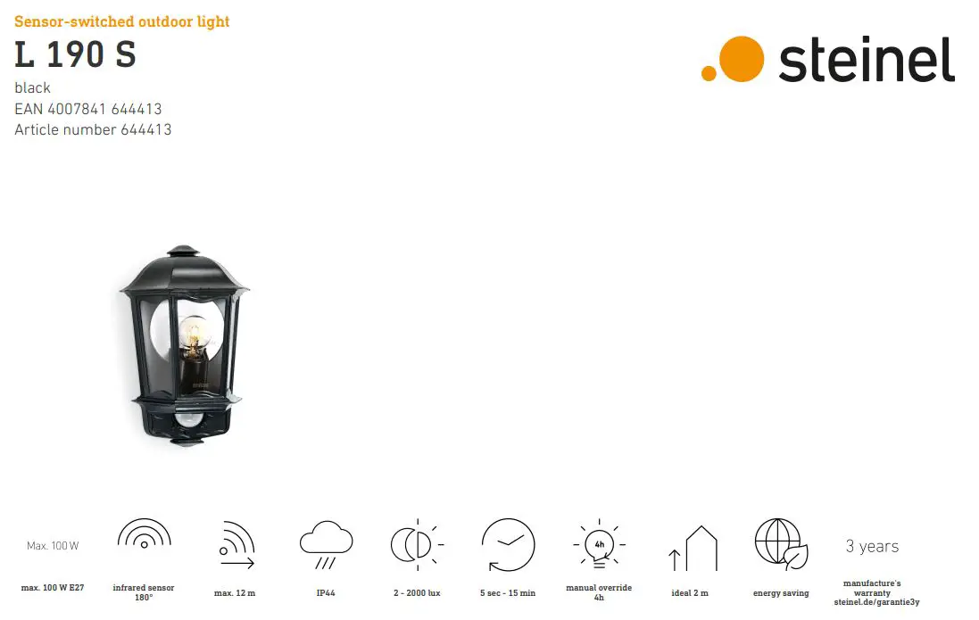 steinel L 190 S Sensor Switched Outdoor Light User Manual