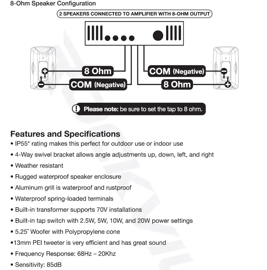 Rockville 70V IP55 Commercial Speaker - 8 Ohm Speaker Configuration
