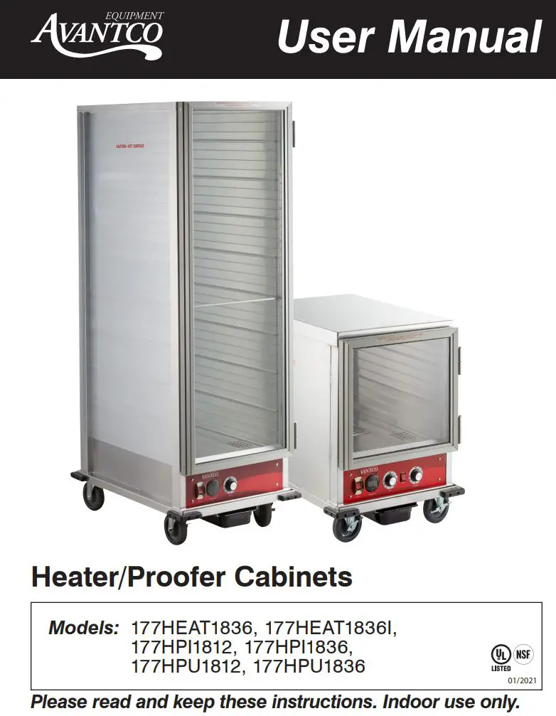 AVANTCO 177HEAT1836 120V Full Size Non Insulated Heated Holding Cabinet with Clear Door User Manual