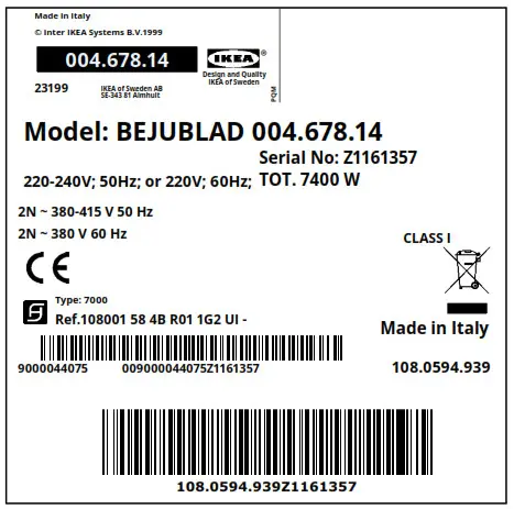 IKEA BEJUBLAD Microwave Oven - Rating Plate 1