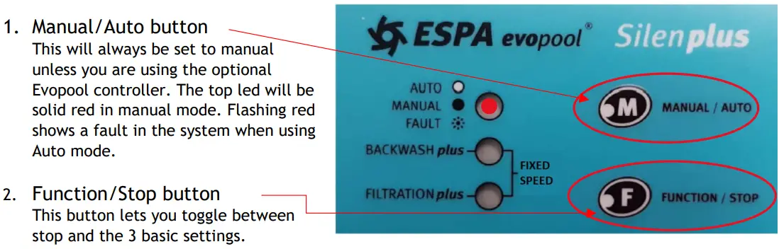 ESPA 199398 Silen Plus Blade Pump Variable Speed - button operation