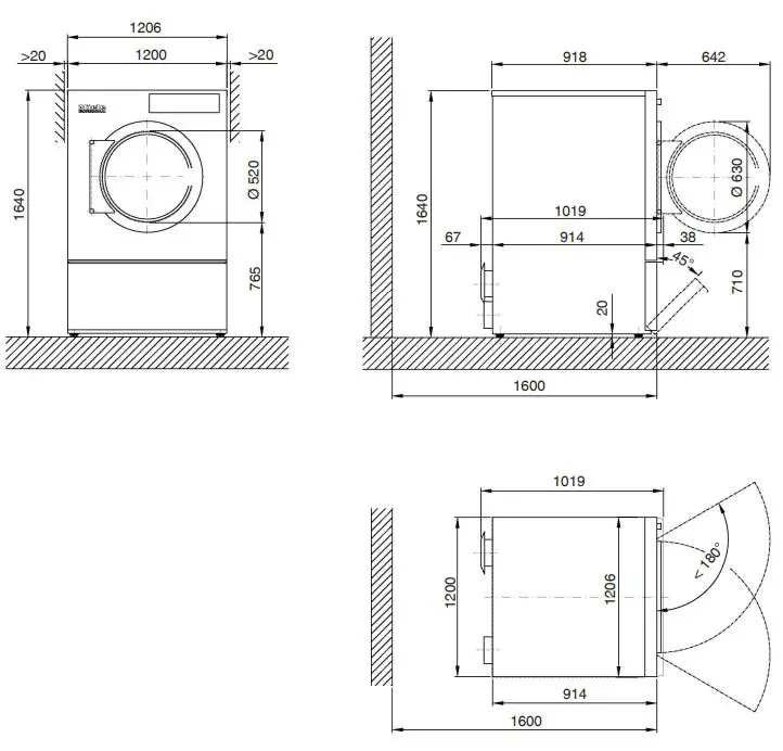Miele PDR 928 G Professional Vented Dryer Installation Guide - Dimensions