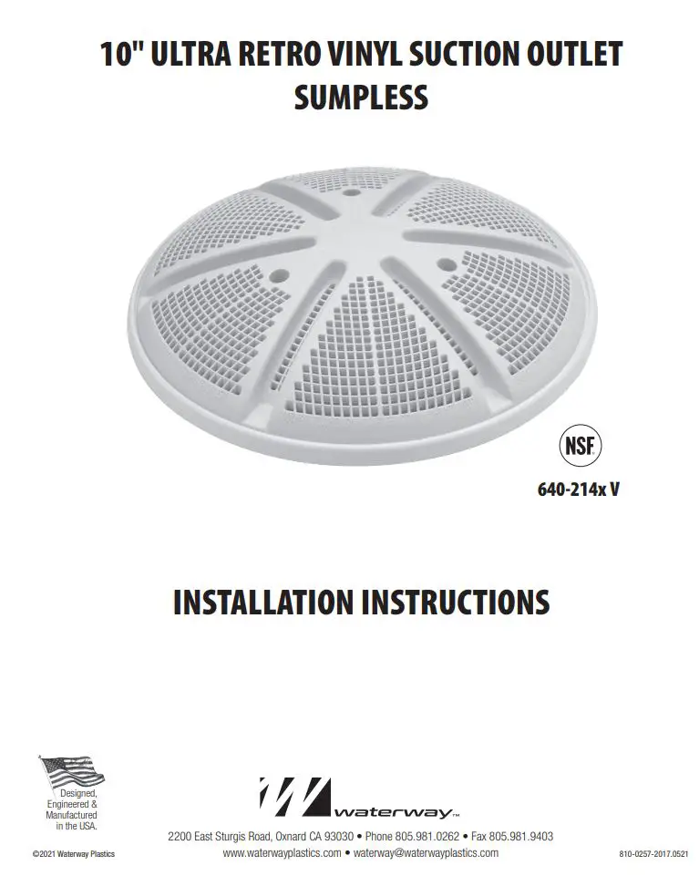 waterway 640-214x V 10 Inch Ultra Retro Vinyl Suction Outlet Sumpless Instruction Manual
