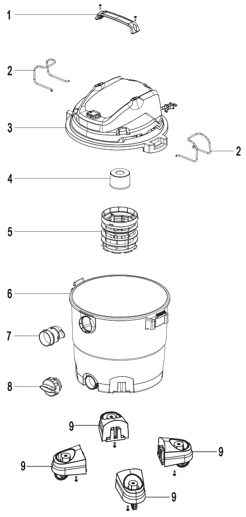 Vacmaster VJF912PF 0201 9-Gallon 4.5 Peak HP Wet Dry Vacuum - EXPLODED VIEW