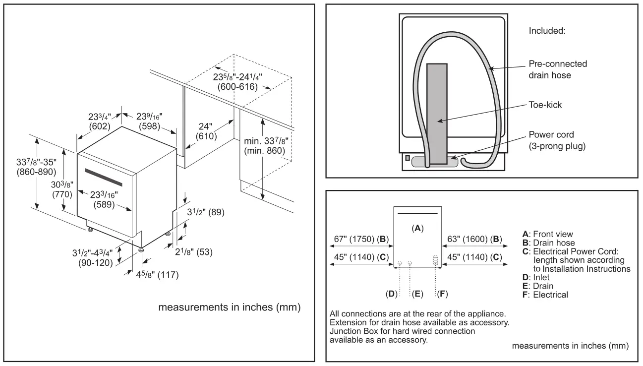 Bosch 24" Recessed Handle Dishwasher [SHEM78Z55N] Installation Details Image 1