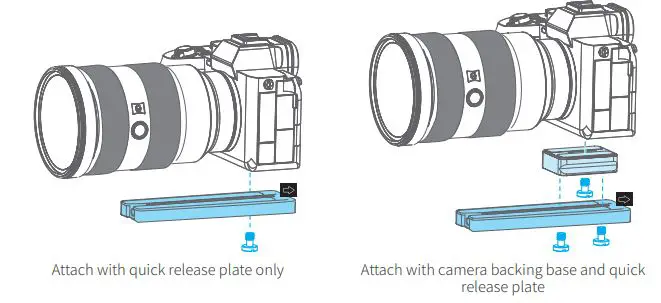 FeiyuTech Scorp Pro Detachable 3 Axis DSLR Mirrorless User Guide - Attach the quick release plate and camera backing base