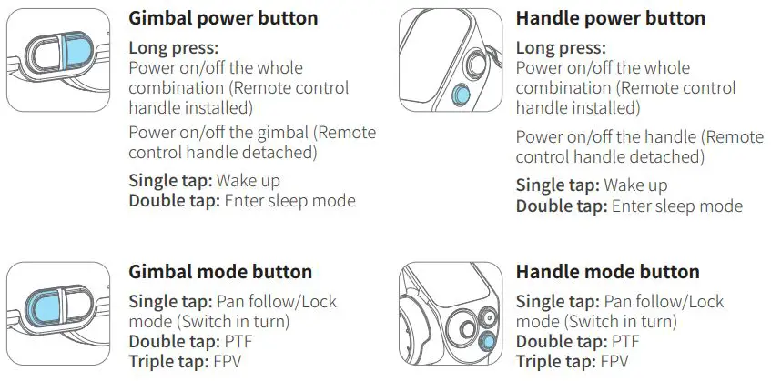 FeiyuTech Scorp Pro Detachable 3 Axis DSLR Mirrorless User Guide - Button operation