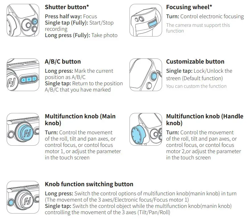 FeiyuTech Scorp Pro Detachable 3 Axis DSLR Mirrorless User Guide - Button operation