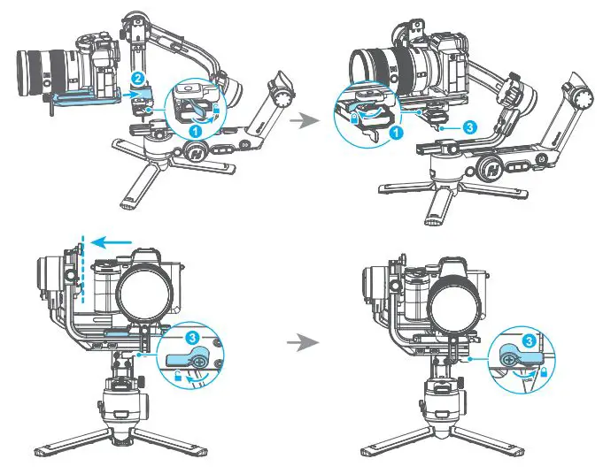 FeiyuTech Scorp Pro Detachable 3 Axis DSLR Mirrorless User Guide - Horizontal mounting