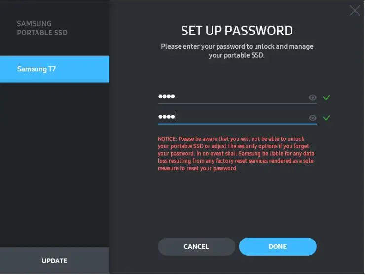 SAMSUNG Portable SSD T7 - Set up Password