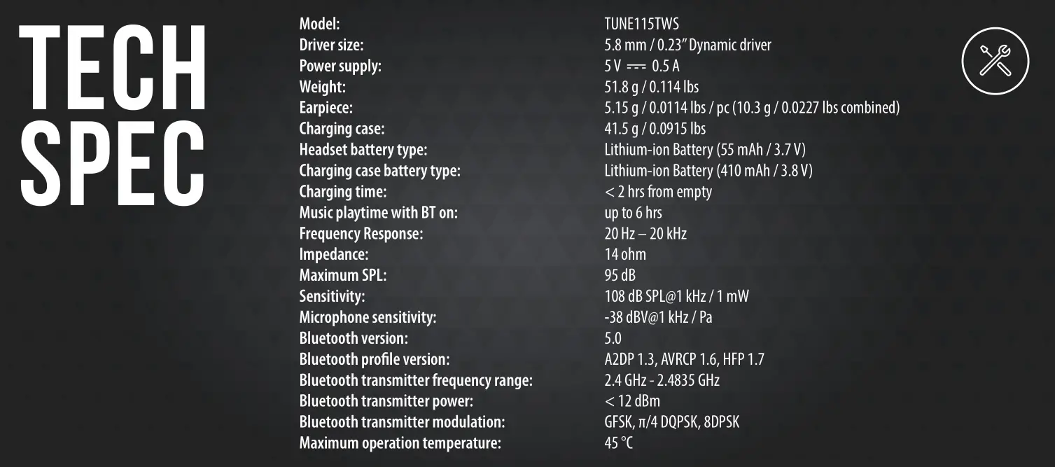 JBL TUNE 115TWS TECH SPEC