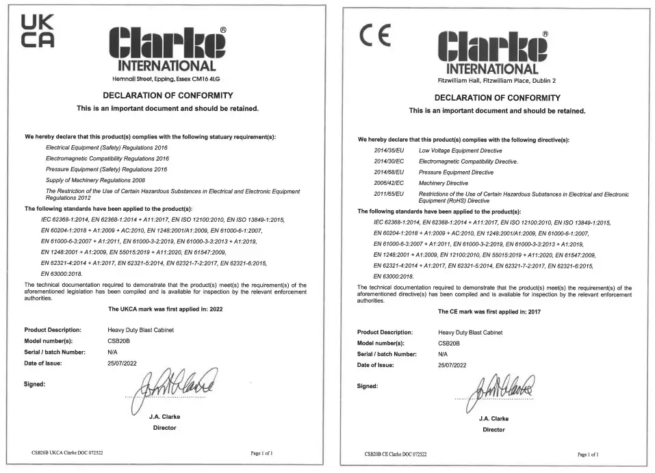 Clarke CSB20B Shot Blast Cabinet - CONFORMITY