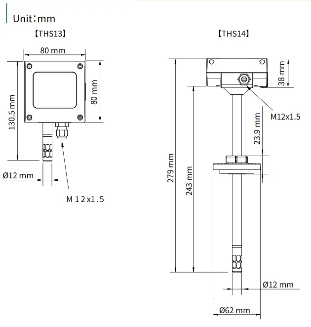 eyc THS13 14 Indoor Duct Temperature and Humidity Transmitter - Dimension