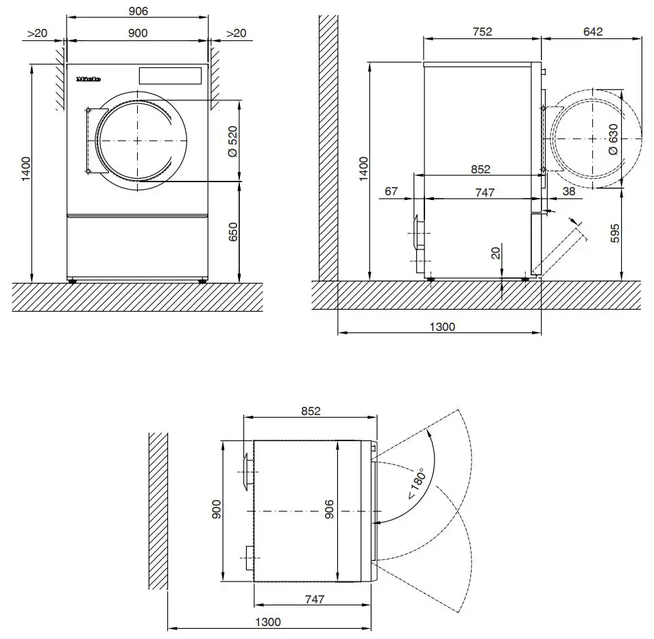 Miele PDR 914 514 EL Electrically Heated Commercial Dryer Installation Guide - Dimensions