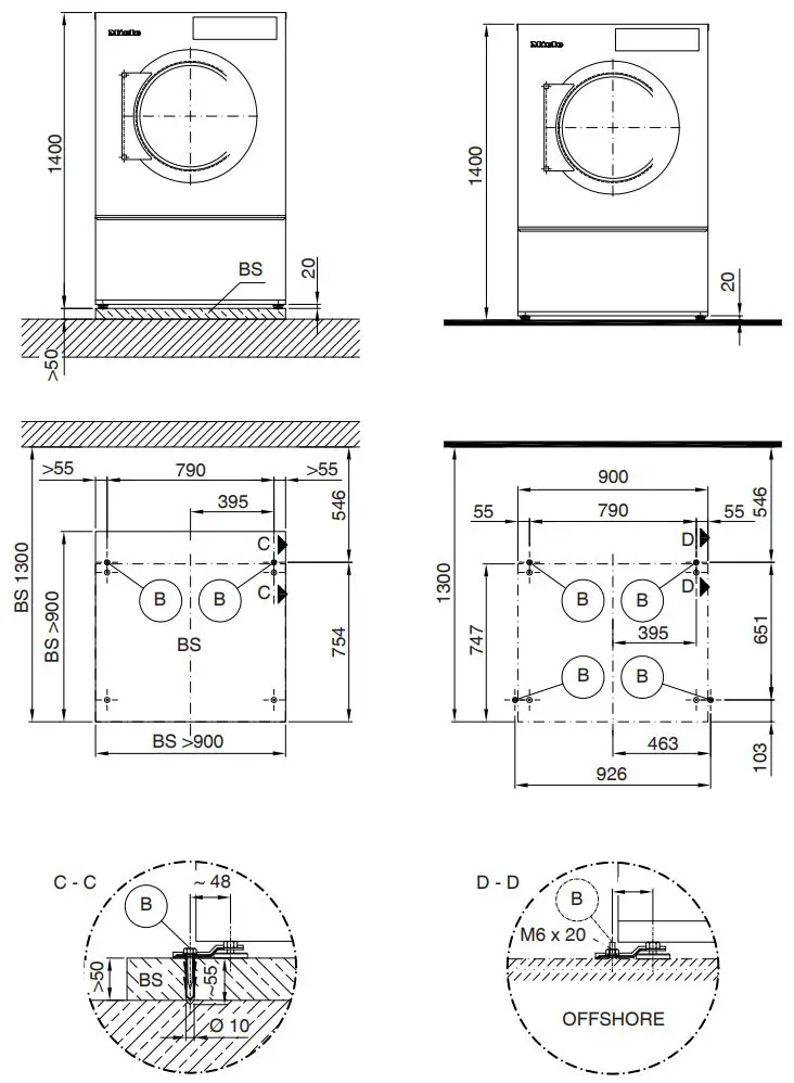 Miele PDR 914 514 EL Electrically Heated Commercial Dryer Installation Guide - Set up Concrete platform Offshore