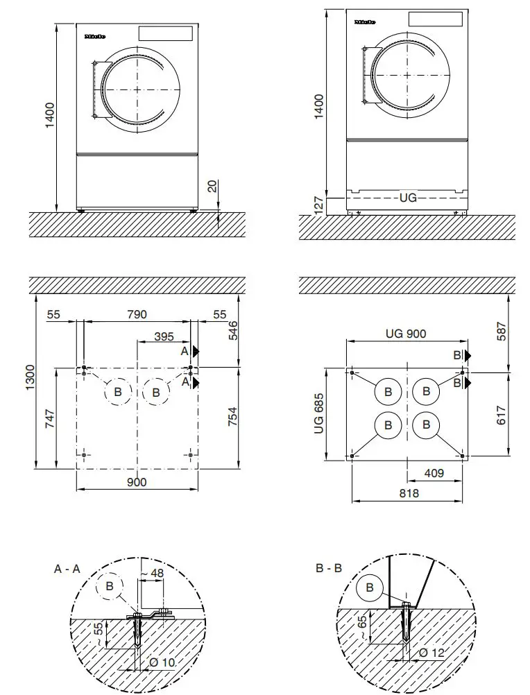 Miele PDR 914 514 EL Electrically Heated Commercial Dryer Installation Guide - Set up Standard Miele base