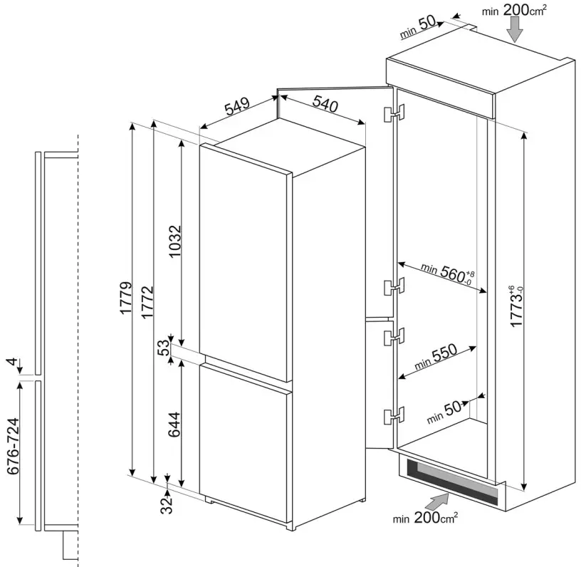 smeg C4173N1F Refrigerator - Dimension