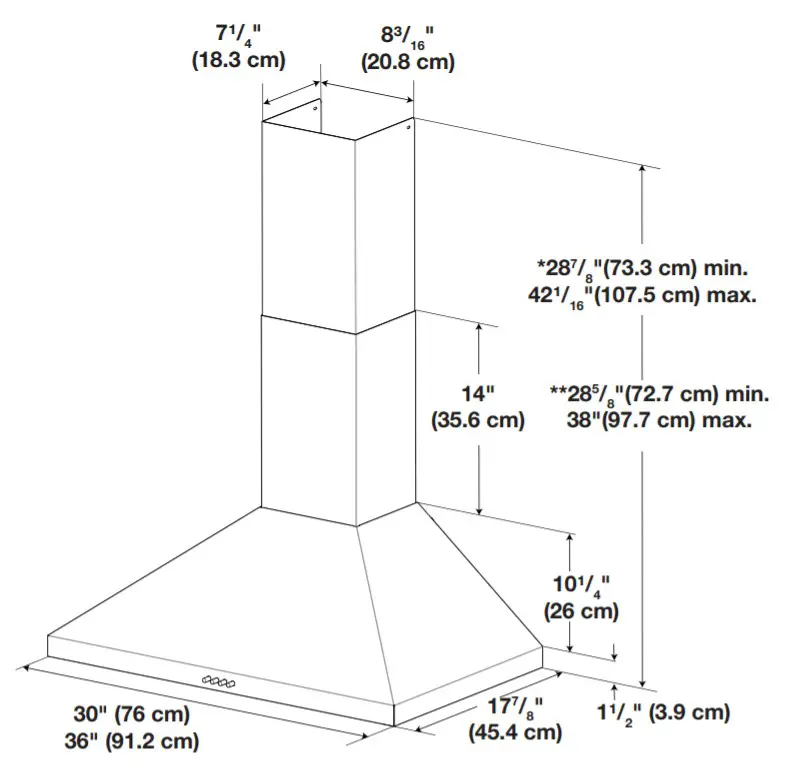 Whirlpool Wall‑Mount Canopy Range Hood - Dimensions