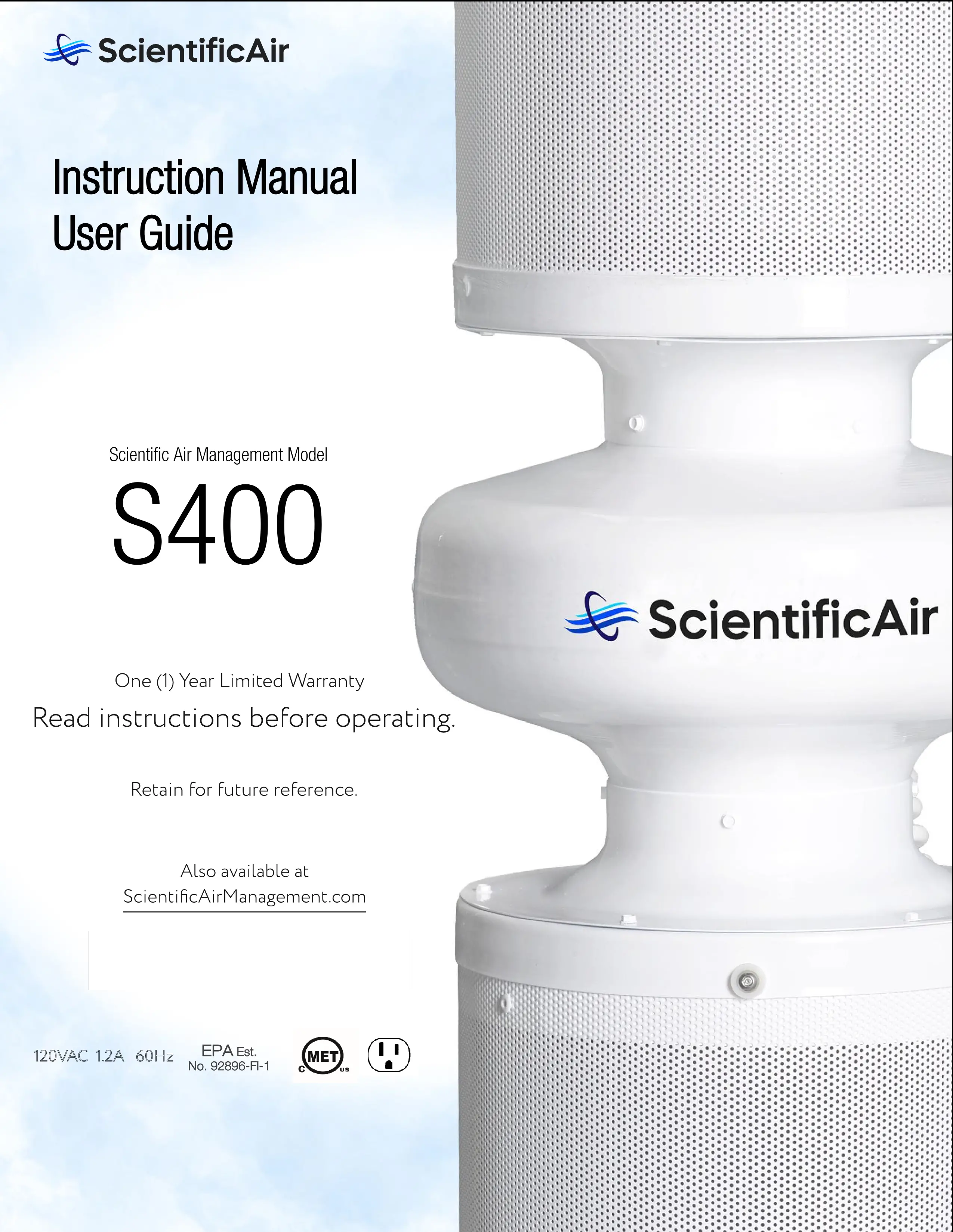 ScientificAir S400 Portable Air Disinfection Device User Guide