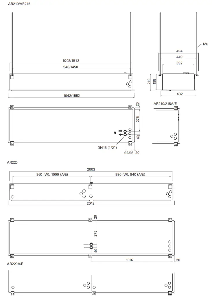 FRICO AR200 Air Curtains - Dimensions and connections
