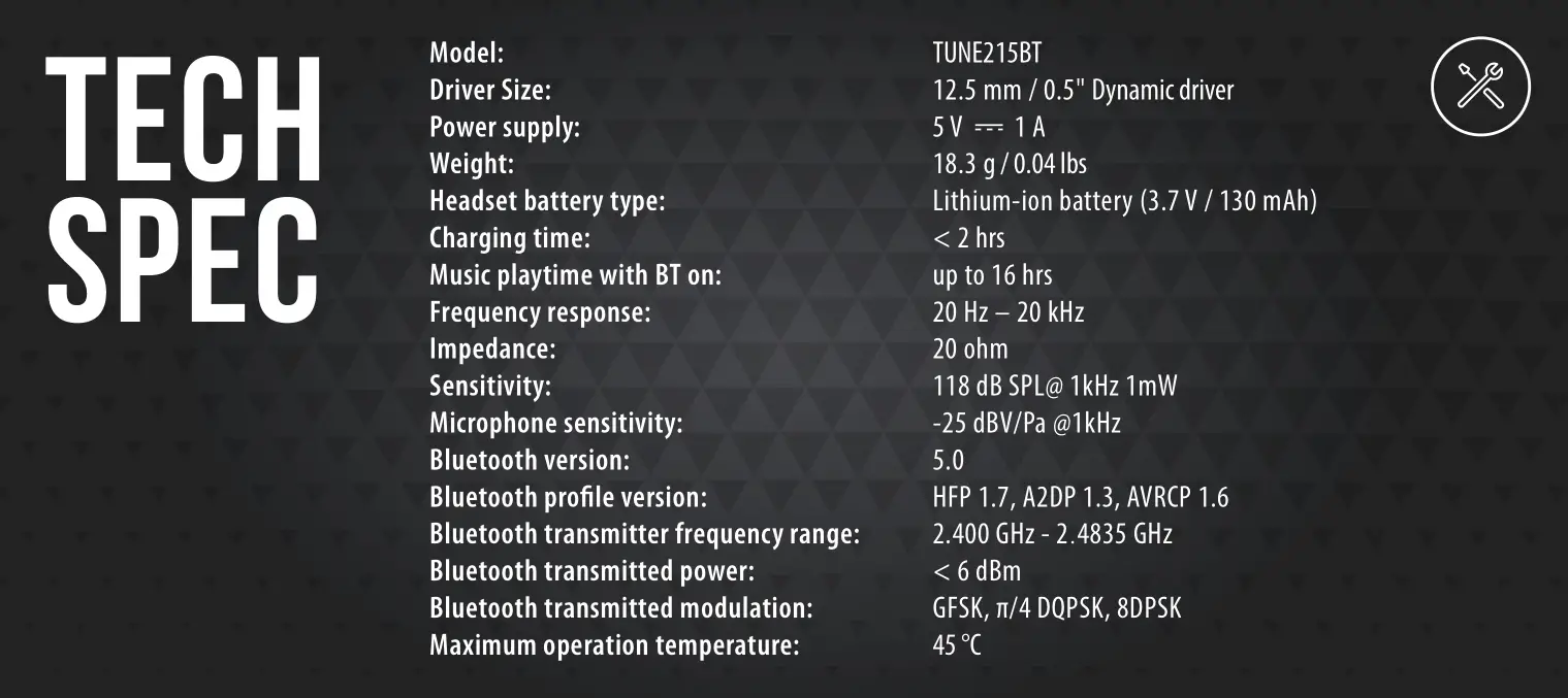 JBL TUNE 215BT TECH SPEC