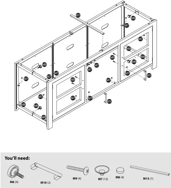 TV Stand NS-HWMG1663 - Securing the hinged sides and installing the cabinet door handles
