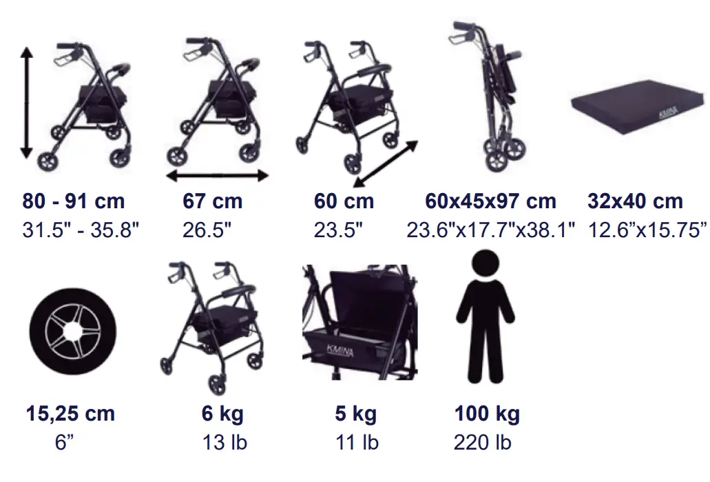 KMINA Rollator Lightweight Foldable, Rollator 4 Wheels Seat fig