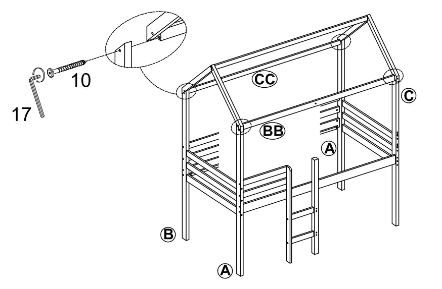 GOJANE LT001201LWYAAK White Twin Size Wood House Loft Bed - Part list 8