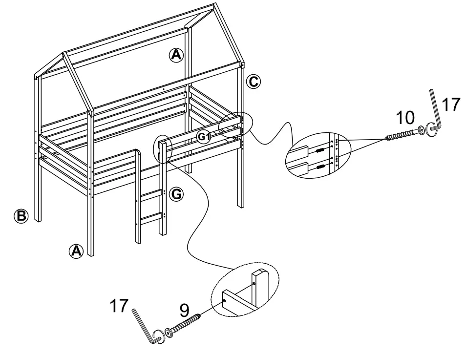 GOJANE LT001201LWYAAK White Twin Size Wood House Loft Bed - Part list 8