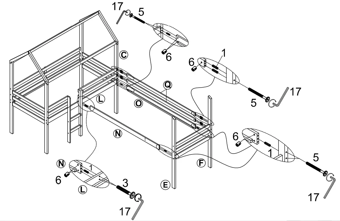 GOJANE LT001201LWYAAK White Twin Size Wood House Loft Bed - Part list 8