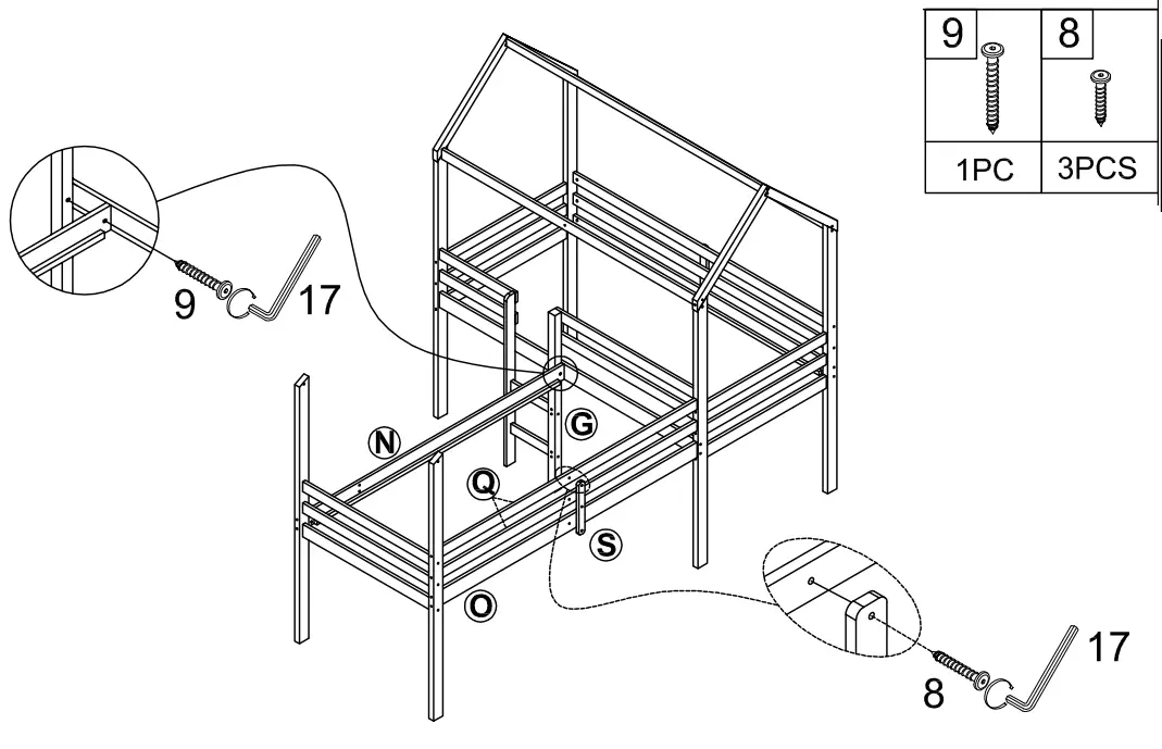 GOJANE LT001201LWYAAK White Twin Size Wood House Loft Bed - Part list 16