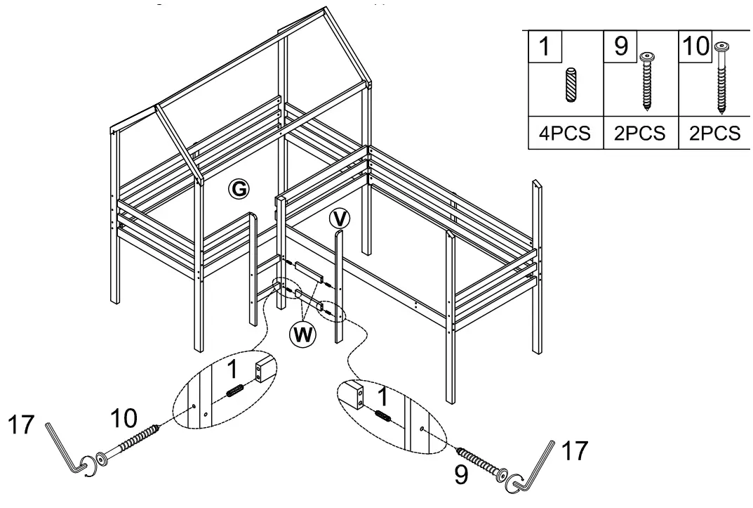 GOJANE LT001201LWYAAK White Twin Size Wood House Loft Bed - Part list 16