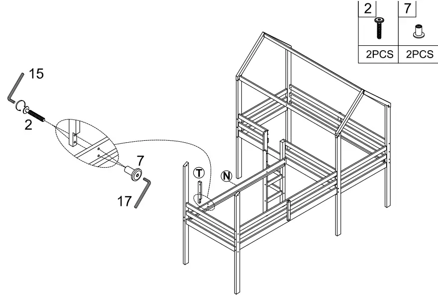 GOJANE LT001201LWYAAK White Twin Size Wood House Loft Bed - Part list 16