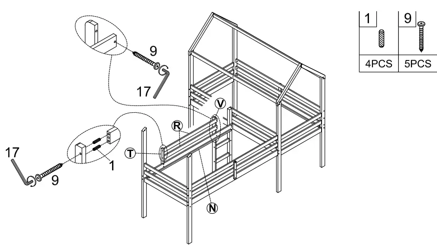 GOJANE LT001201LWYAAK White Twin Size Wood House Loft Bed - Part list 16