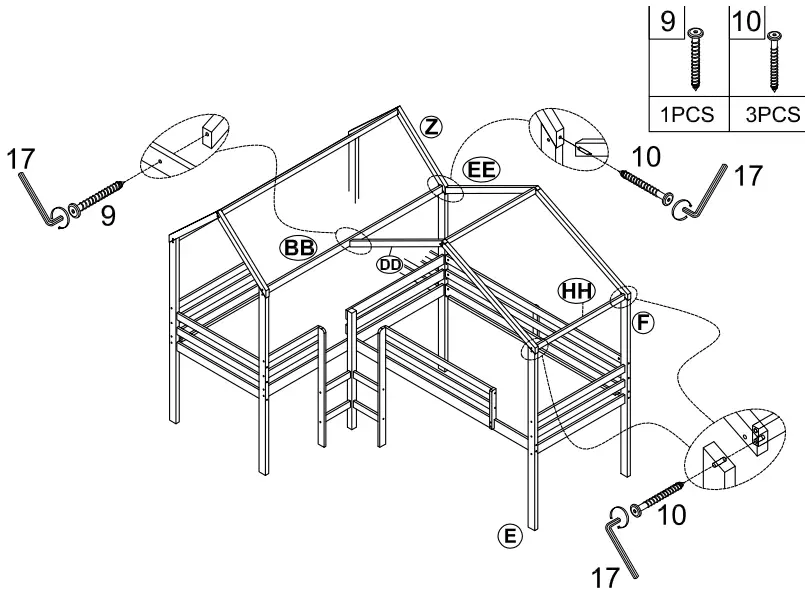 GOJANE LT001201LWYAAK White Twin Size Wood House Loft Bed - Part list 16