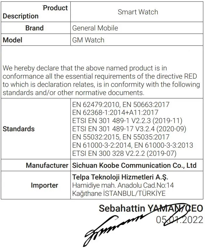General Mobile GM Watch User Guide - Declaration of Conformity