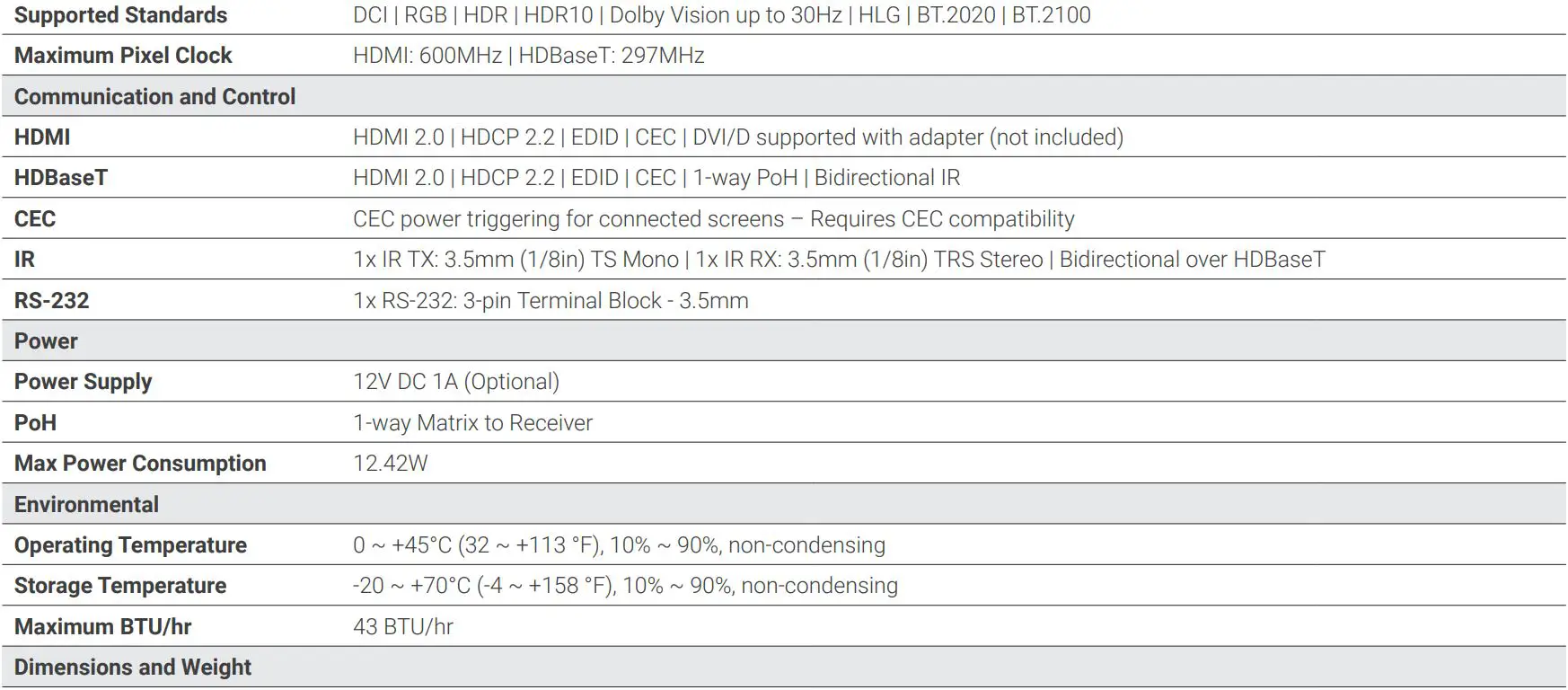 WyreStorm RXV-70-G2-SCL 4K HDR Receiver with Scaling User Guide - Specifications